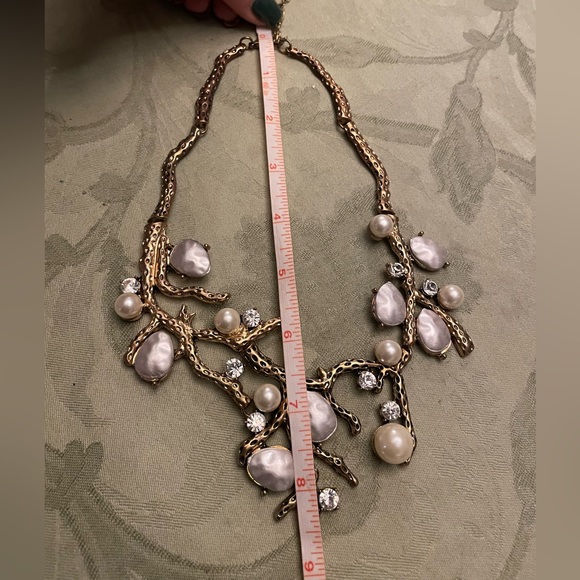 Organic Design of Bronze Tree Branch Faux Pearls & Rhinestone Statement Necklace - Picture 8 of 15